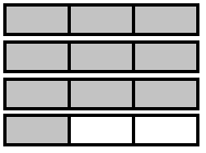 4 rectangles each divided into 3 parts. 3 rectangles are fully shaded. One rectangle has 1 part shaded.