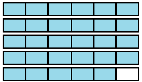 5 rectangles divided into 6 parts. 4 rectangles are fully shaded. 1 rectangle has 5 parts shaded.