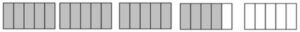 5 rectangles divided into 5 sections. 3 are fully shaded. 1 has 4 sections shaded. 1 is not shaded.