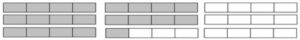 9 rectangles divided into 4 sections. 5 are fully shaded. 1 has 1 section shaded. 3 are not shaded.
