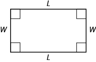 A rectangle is shown. Each angle is marked with a square. The top and bottom are labeled L, the sides are labeled W.