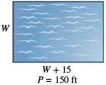 A swimming pool with a width of W, a length of W + 15 and a perimeter of 150 ft.