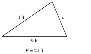 A triangle with sides that are 4 ft, 9 ft, and c. The perimeter is 24 ft.