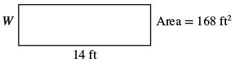 A rectangle with a length of 14 ft, a width of W, and an area of 168 ft squared.