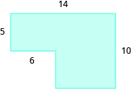 A blue geometric shape is shown. It looks like a horizontal rectangle attached to a vertical rectangle. The top is labeled as 14, the width of the horizontal rectangle is labeled as 5. The side is labeled as 10, the width of the missing space is labeled as 6.