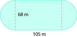 A blue geometric shape is shown. It looks like a rectangle with a semi-circle attached to each side. The base of the rectangle is labeled 105 m. The height of the rectangle and diametre of the circle on the left is labeled 68 m.