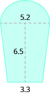 A blue geometric shape is shown. It appears to be two trapezoids with a semicircle at the top. The base of the semicircle is labeled 5.2. The height of the trapezoids is labeled 6.5. The combined base of the trapezoids is labeled 3.3.