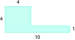 A geometric shape is shown. It is an L-shape. The base is labeled 10, the right side 1, the top and left side are each labeled 4.