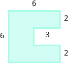 A geometric shape is shown. It is a sideways U-shape. The top is labeled 6, the left side is labeled 6. An inside horizontal piece is labeled 3. Each of the vertical pieces on the right are labeled 2.