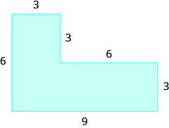 A geometric shape is shown. It is a vertical rectangle attached to a horizontal rectangle. The width of the vertical rectangle is 3, the left side is labeled 6, the bottom is labeled 9, and the width of the horizontal rectangle is labeled 3. The top of the horizontal rectangle is labeled 6, and the distance from the top of that rectangle to the top of the other rectangle is labeled 3.