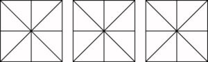 Three squares that are each divided into eight parts.