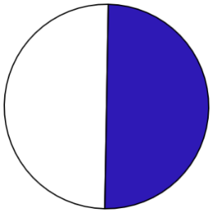 A circle split into two equal segments. One is blank, the other is shaded blue.